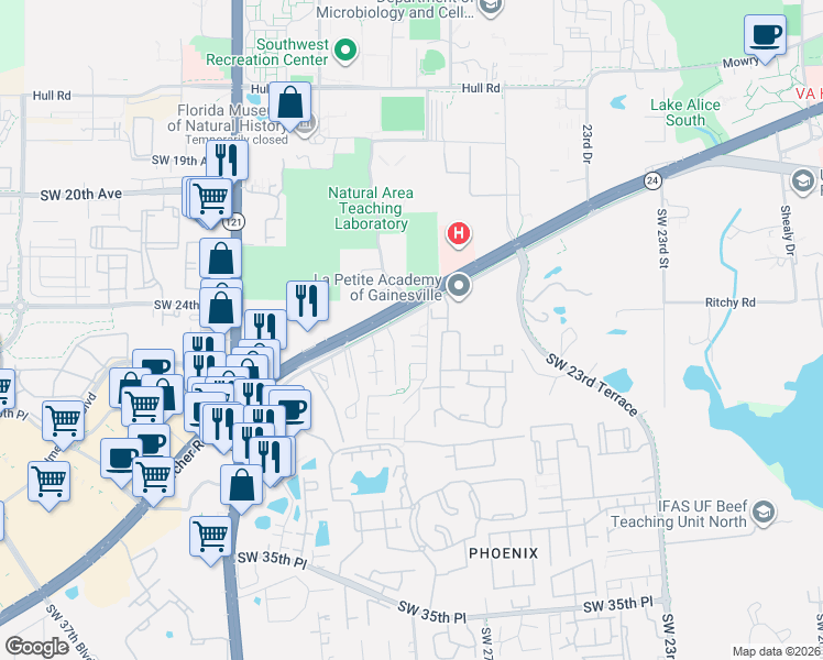 map of restaurants, bars, coffee shops, grocery stores, and more near 2777 Southwest Archer Road in Gainesville