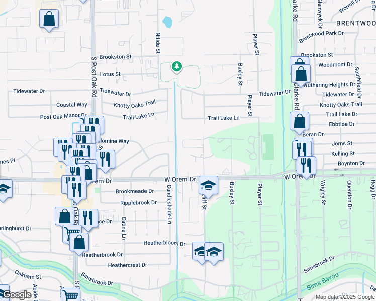 map of restaurants, bars, coffee shops, grocery stores, and more near 4951 South Cancun in Houston