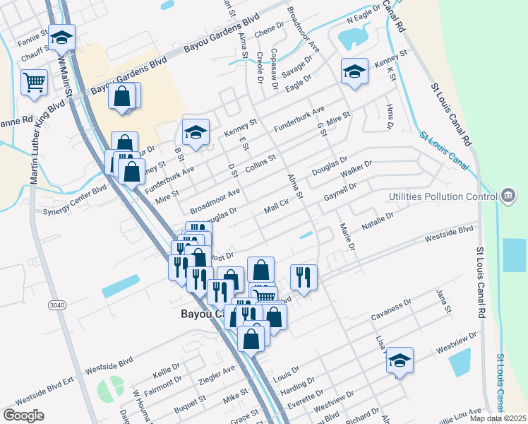 map of restaurants, bars, coffee shops, grocery stores, and more near 127 Mall Circle in Houma