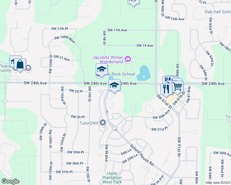 map of restaurants, bars, coffee shops, grocery stores, and more near 2525 School House Road in Gainesville