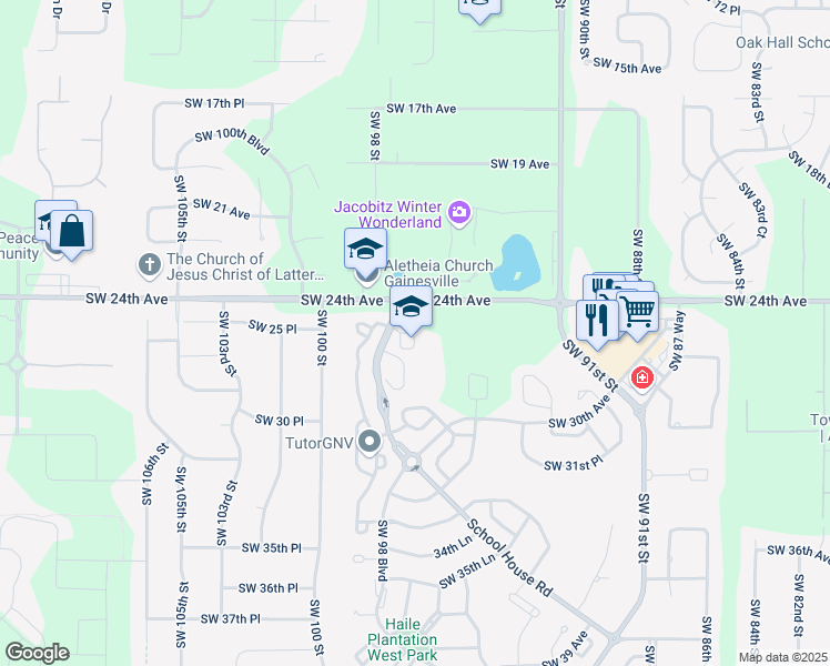 map of restaurants, bars, coffee shops, grocery stores, and more near 2525 School House Road in Gainesville
