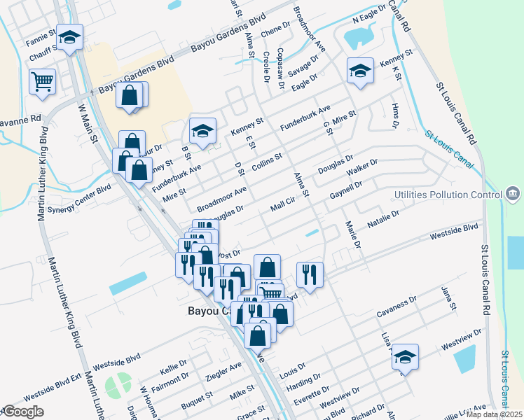 map of restaurants, bars, coffee shops, grocery stores, and more near 6165 D Street in Houma