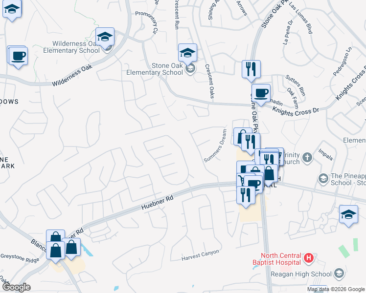 map of restaurants, bars, coffee shops, grocery stores, and more near 19506 Gran Roble in San Antonio