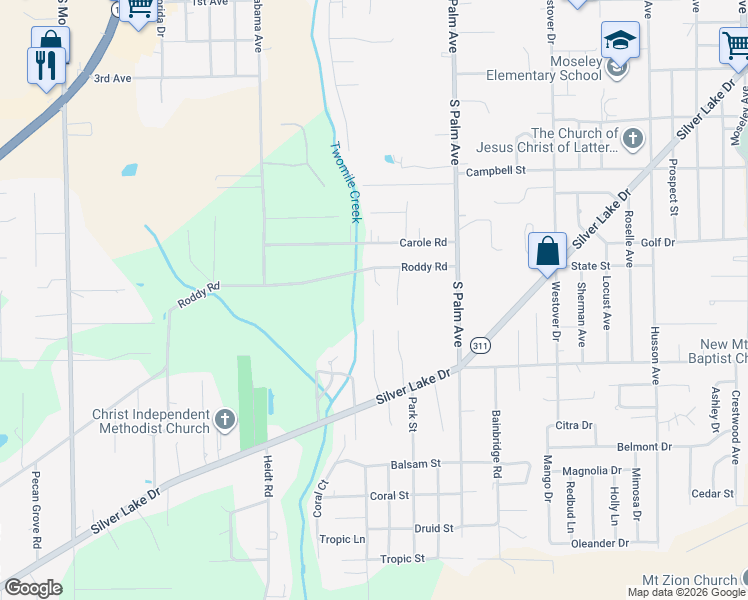 map of restaurants, bars, coffee shops, grocery stores, and more near 115 Roddy Lane in Palatka