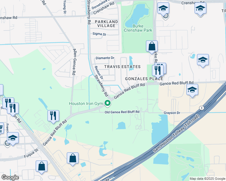 map of restaurants, bars, coffee shops, grocery stores, and more near 635 Genoa Red Bluff Road in Houston