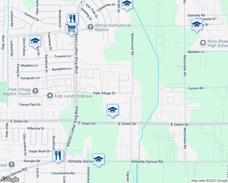 map of restaurants, bars, coffee shops, grocery stores, and more near 5627 Park Village Drive in Houston