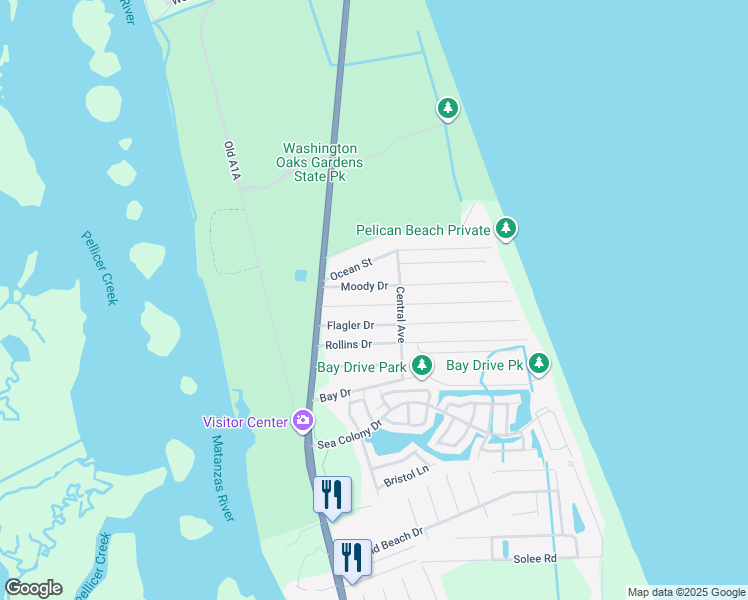 map of restaurants, bars, coffee shops, grocery stores, and more near 17 Atlantic Dr in Palm Coast