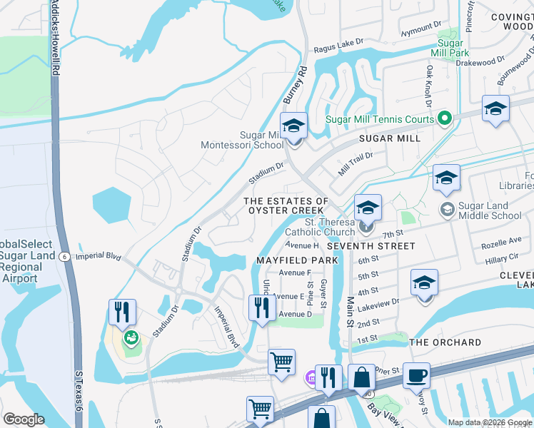 map of restaurants, bars, coffee shops, grocery stores, and more near 923 Poydras Street in Sugar Land