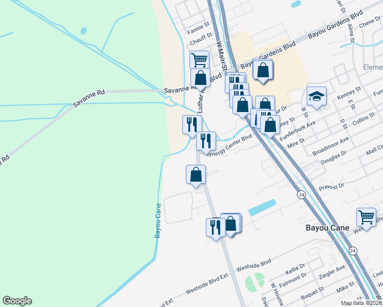 map of restaurants, bars, coffee shops, grocery stores, and more near Martin Luther King Blvd in Houma