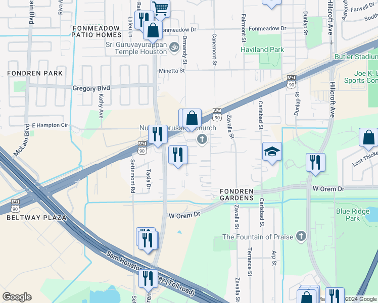 map of restaurants, bars, coffee shops, grocery stores, and more near 12215 Ormandy Street in Houston