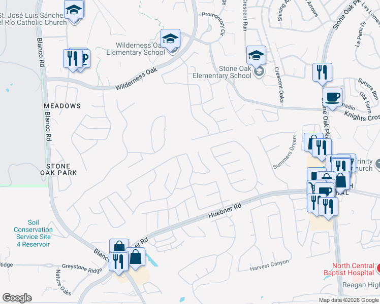 map of restaurants, bars, coffee shops, grocery stores, and more near 19543 Azure Oak in San Antonio