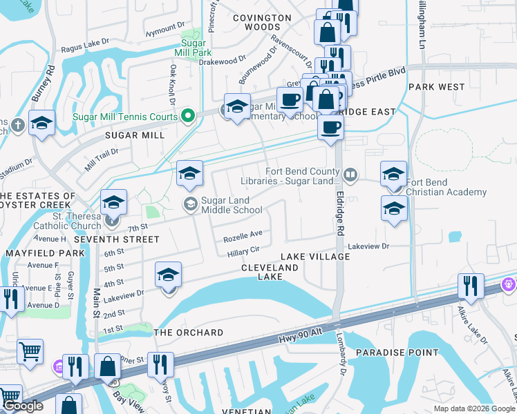 map of restaurants, bars, coffee shops, grocery stores, and more near 627 Rolling Mill Drive in Sugar Land
