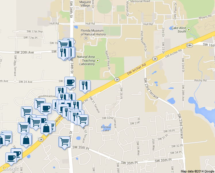 map of restaurants, bars, coffee shops, grocery stores, and more near Southwest Archer Road in Gainesville