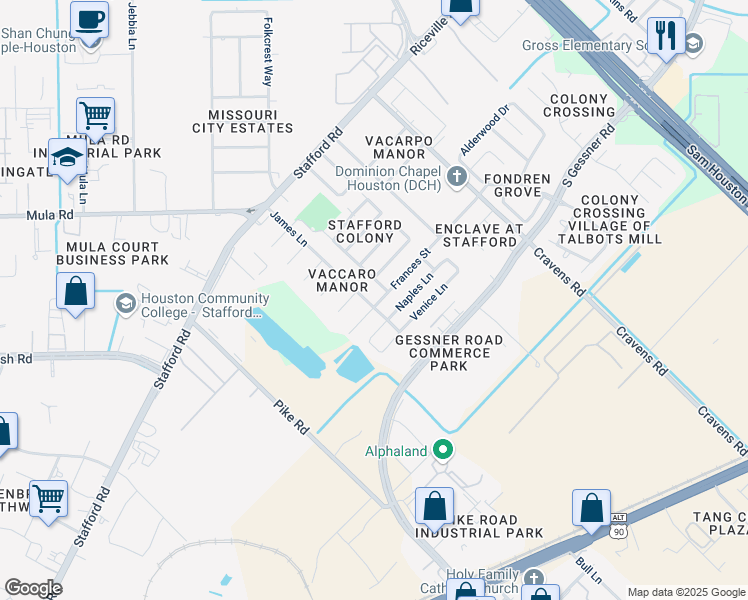 map of restaurants, bars, coffee shops, grocery stores, and more near 13227 James Lane in Stafford