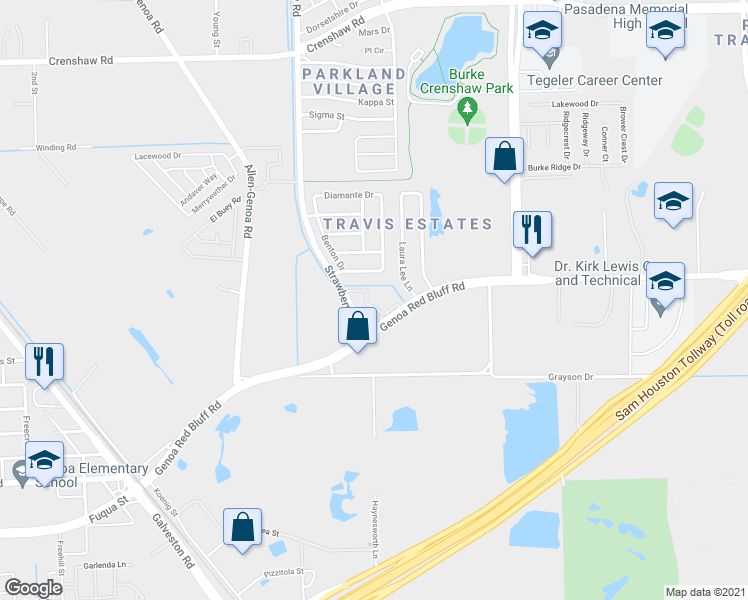 map of restaurants, bars, coffee shops, grocery stores, and more near 635 Genoa Red Bluff Road in Houston