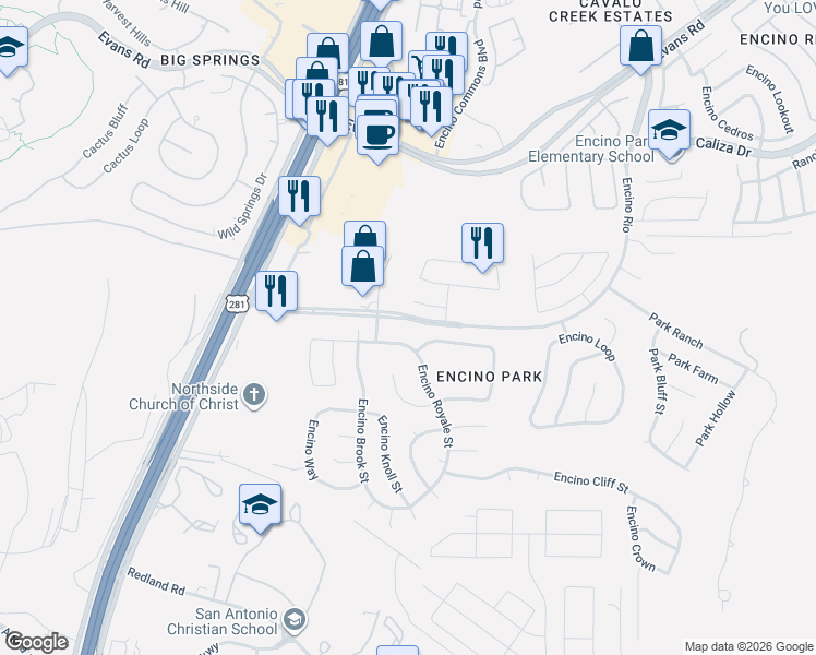 map of restaurants, bars, coffee shops, grocery stores, and more near 2011 Encino Vista in San Antonio