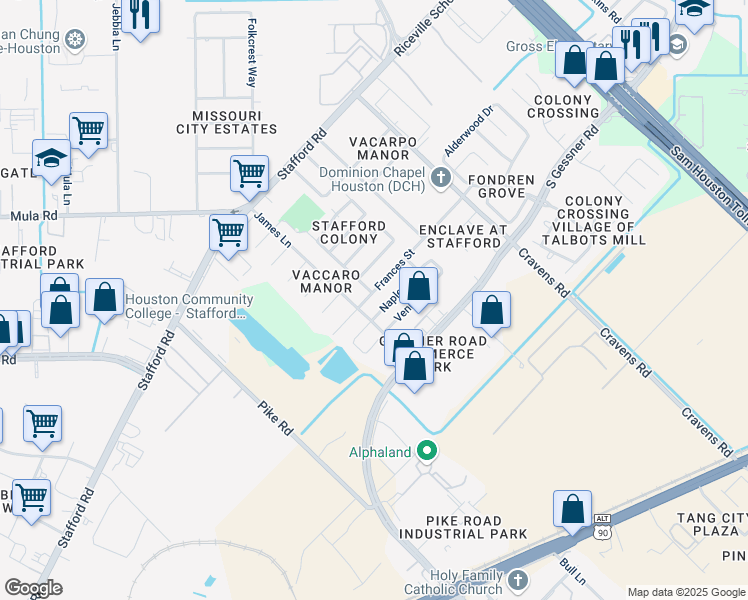 map of restaurants, bars, coffee shops, grocery stores, and more near 13010 Naples Lane in Stafford