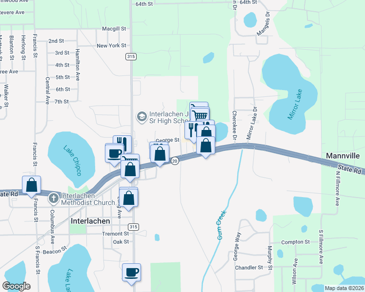map of restaurants, bars, coffee shops, grocery stores, and more near 1124 Florida 20 in Interlachen