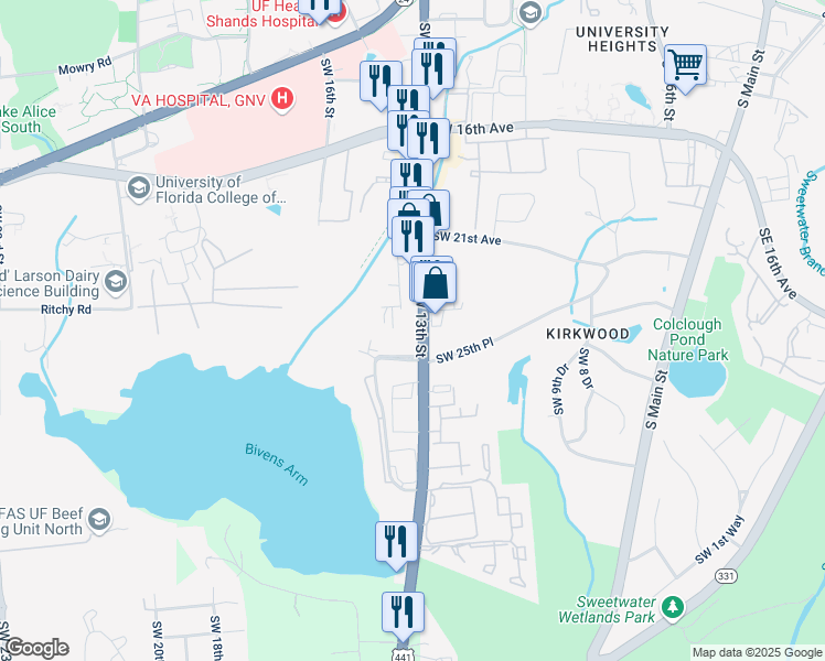 map of restaurants, bars, coffee shops, grocery stores, and more near 2426 Southwest 13th Street in Gainesville