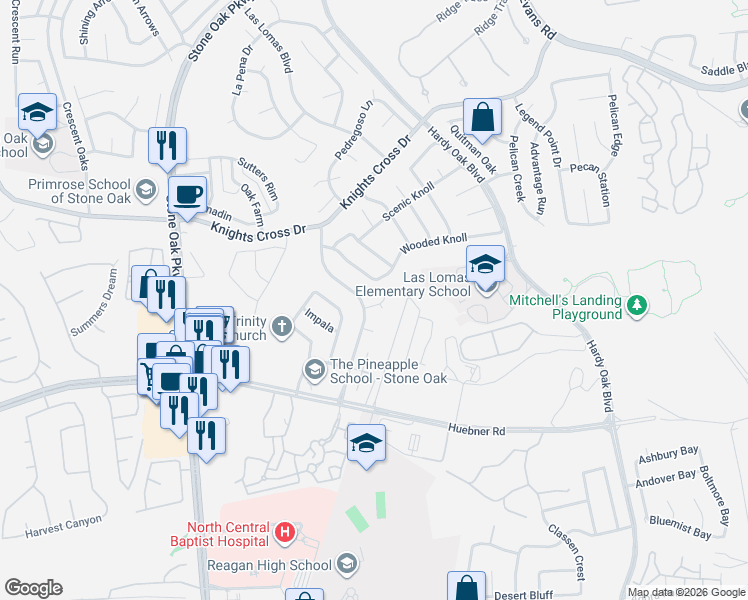 map of restaurants, bars, coffee shops, grocery stores, and more near 1007 Silver Knoll in San Antonio