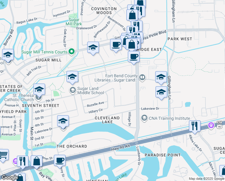 map of restaurants, bars, coffee shops, grocery stores, and more near 714 Rolling Mill Drive in Sugar Land