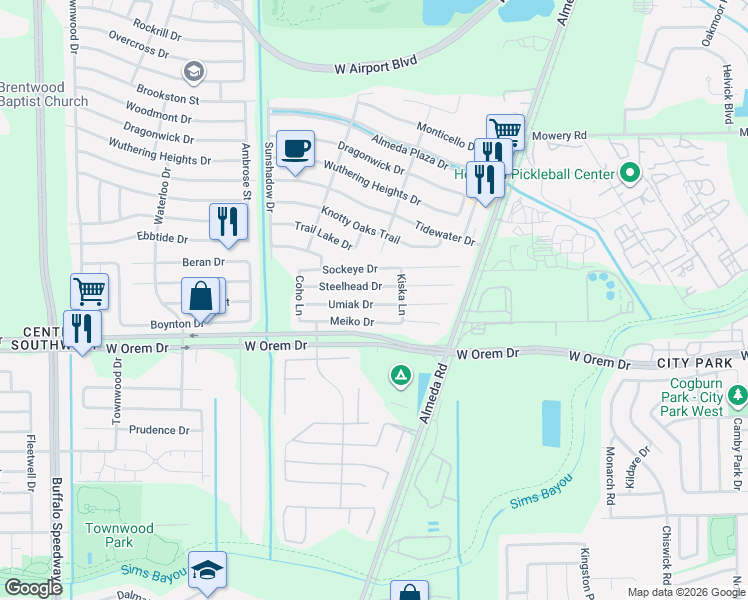 map of restaurants, bars, coffee shops, grocery stores, and more near 2727 Umiak Drive in Houston