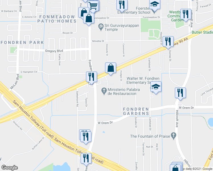 map of restaurants, bars, coffee shops, grocery stores, and more near 12235 Ormandy Street in Houston