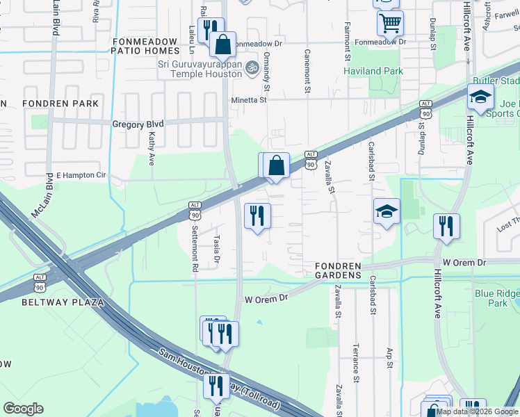 map of restaurants, bars, coffee shops, grocery stores, and more near 12224 Ormandy Street in Houston