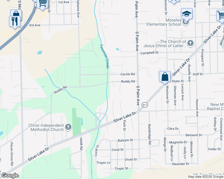 map of restaurants, bars, coffee shops, grocery stores, and more near 115 Roddy Lane in Palatka