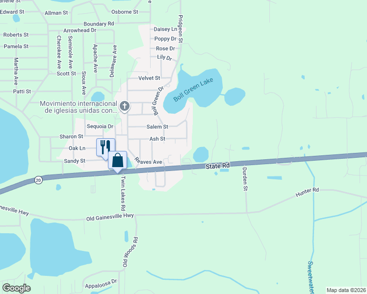 map of restaurants, bars, coffee shops, grocery stores, and more near 103 Ash Lane in Interlachen
