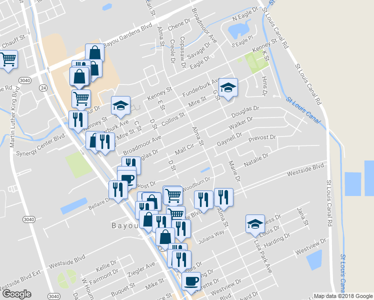 map of restaurants, bars, coffee shops, grocery stores, and more near 113 Mall Circle in Houma