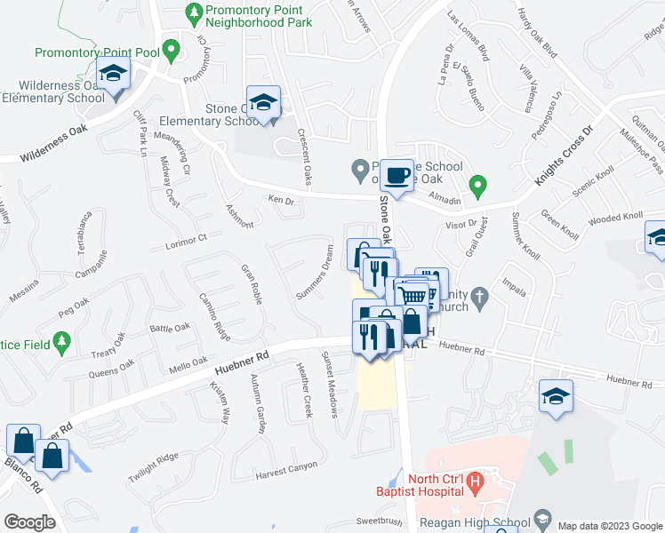 map of restaurants, bars, coffee shops, grocery stores, and more near 23122 Summers Dream in San Antonio