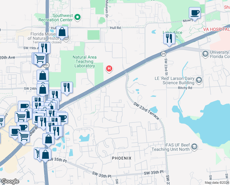 map of restaurants, bars, coffee shops, grocery stores, and more near 2719 Southwest Archer Road in Gainesville