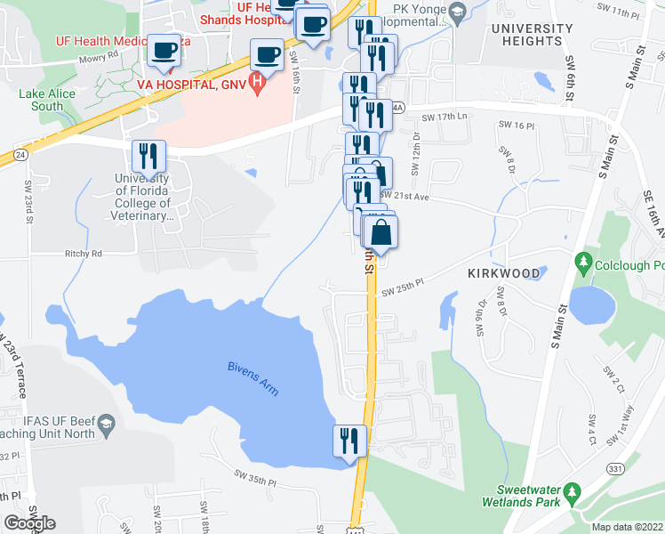 map of restaurants, bars, coffee shops, grocery stores, and more near 2306 Southwest 13th Street in Gainesville