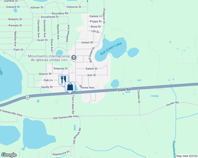 map of restaurants, bars, coffee shops, grocery stores, and more near 103 Ash Lane in Interlachen