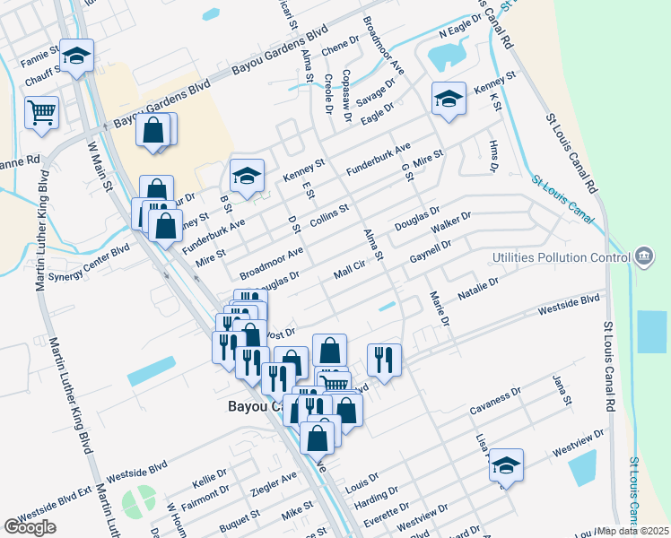 map of restaurants, bars, coffee shops, grocery stores, and more near 6165 D Street in Houma