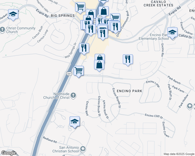 map of restaurants, bars, coffee shops, grocery stores, and more near 20011 Encino Royale Street in San Antonio