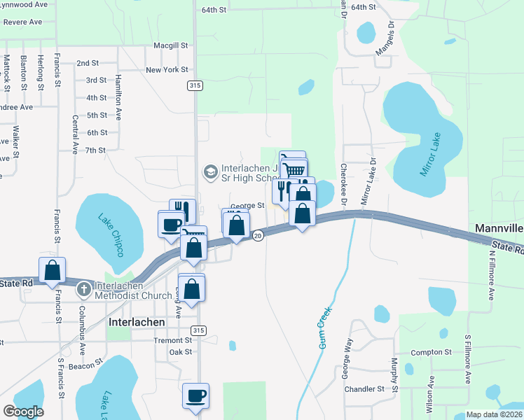 map of restaurants, bars, coffee shops, grocery stores, and more near 1124 Florida 20 in Interlachen