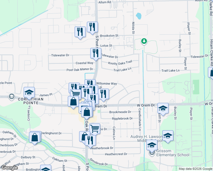 map of restaurants, bars, coffee shops, grocery stores, and more near 5322 Glen Rio Street in Houston