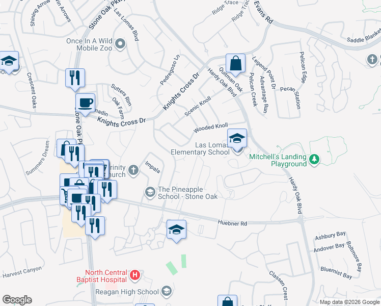 map of restaurants, bars, coffee shops, grocery stores, and more near 1022 Silver Knoll in San Antonio
