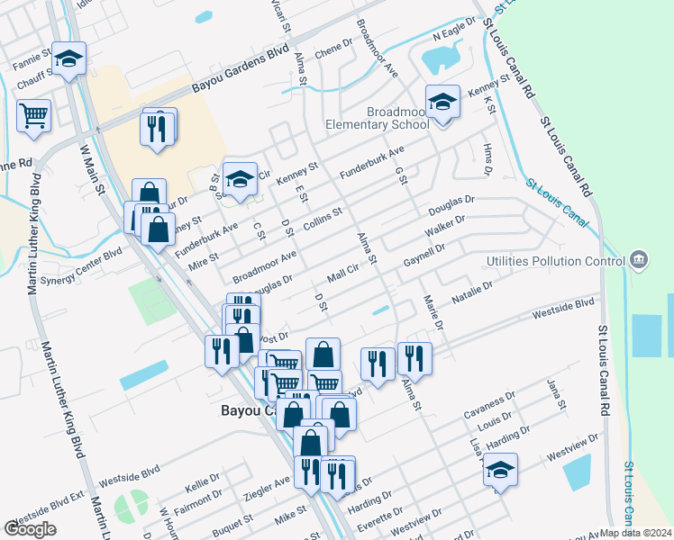 map of restaurants, bars, coffee shops, grocery stores, and more near 118 Mall Circle in Houma