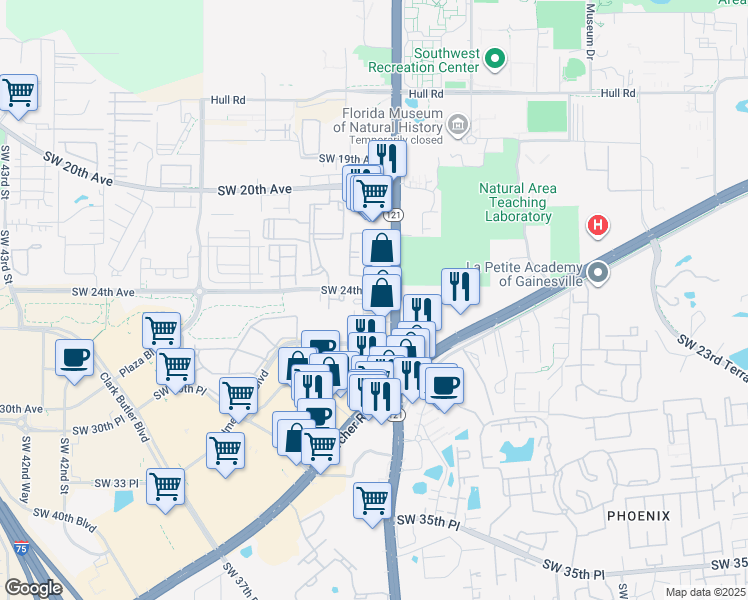 map of restaurants, bars, coffee shops, grocery stores, and more near 3437 Southwest 24th Avenue in Gainesville