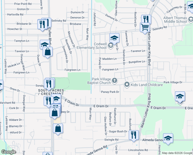 map of restaurants, bars, coffee shops, grocery stores, and more near 11919 Panay Village Circle in Houston