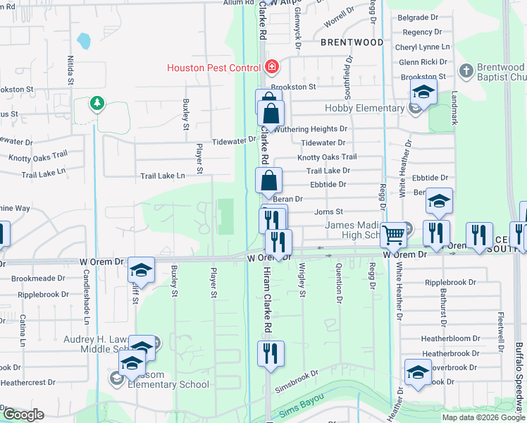 map of restaurants, bars, coffee shops, grocery stores, and more near 13625 Hiram Clarke Road in Houston