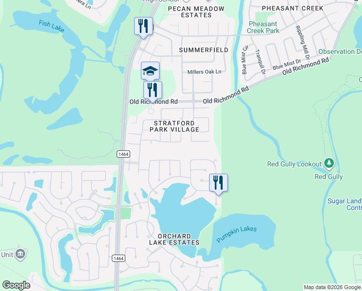 map of restaurants, bars, coffee shops, grocery stores, and more near 3342 Ashland Grove Lane in Sugar Land