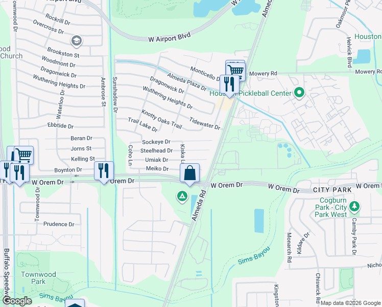 map of restaurants, bars, coffee shops, grocery stores, and more near 2635 Umiak Drive in Houston