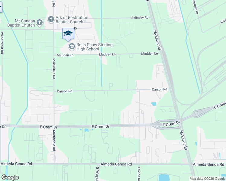 map of restaurants, bars, coffee shops, grocery stores, and more near 6402 Carson Road in Houston