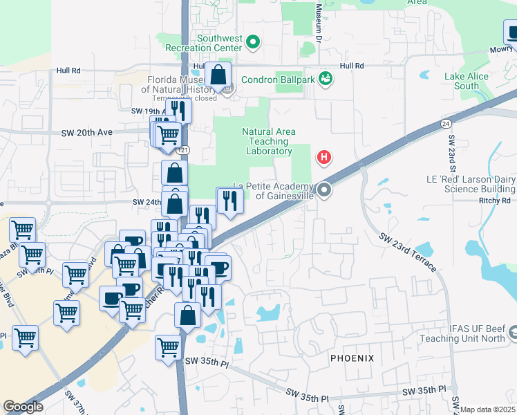 map of restaurants, bars, coffee shops, grocery stores, and more near 3025 Southwest Archer Road in Gainesville