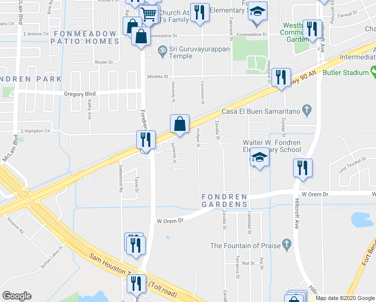 map of restaurants, bars, coffee shops, grocery stores, and more near 12230 Hodges Street in Houston