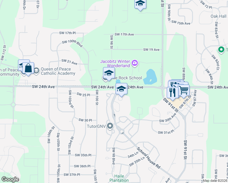 map of restaurants, bars, coffee shops, grocery stores, and more near 2411 Southwest 98 Drive in Gainesville